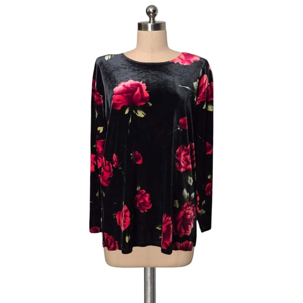 IMPRESSIONS Lifestyle Black Rose Velvet Stretchy Blouse Oversized Fit Top S